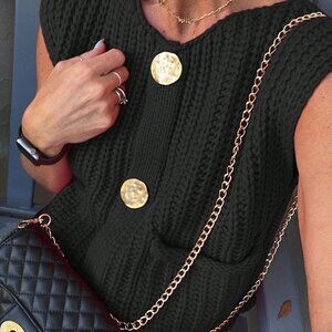 Black Casual Women's Loose Knit Vest With Double Pockets